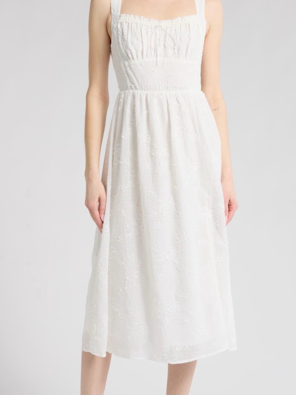 Lush White Eyelet Midi Dress with Square Neckline